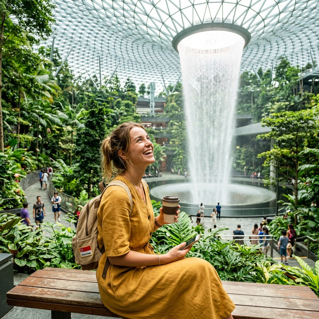 Traveler enjoying Changi Airport Jewel waterfall