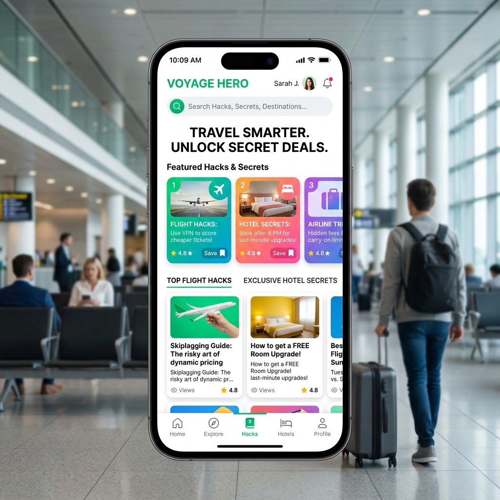 Modern travel app interface showing flight hacks