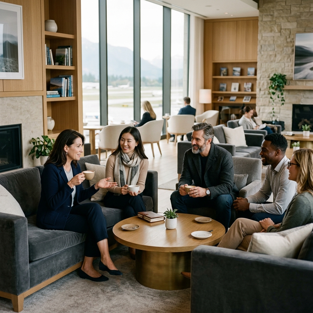 Elite traveler lounge where members share authentic stories